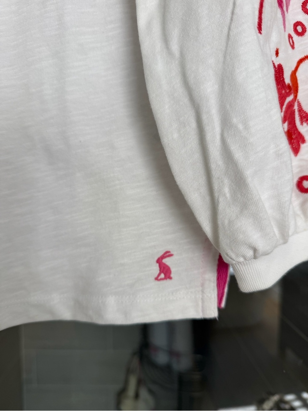 Joules White Peasant Blouse with Pink & Red Floral Sleeve Embroidery - Picture 2 of 4